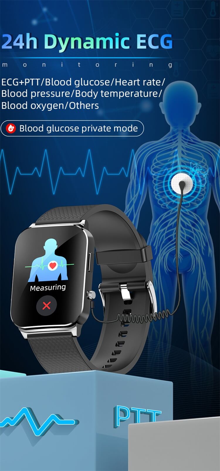 PH03 ECG/EKG Heart Rate Blood Pressure Blood Sugar Glucose Sleep Monitoring  Smart Watch