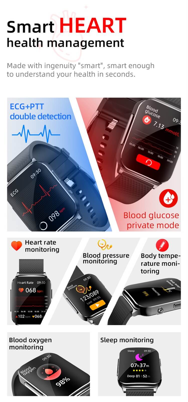 Smartwatch - SYNTEK Smartwatch Gold Frecuencia Cardíaca Tensión Arterial  Oxímetro Medidor de Glucosa en Sangre, oro